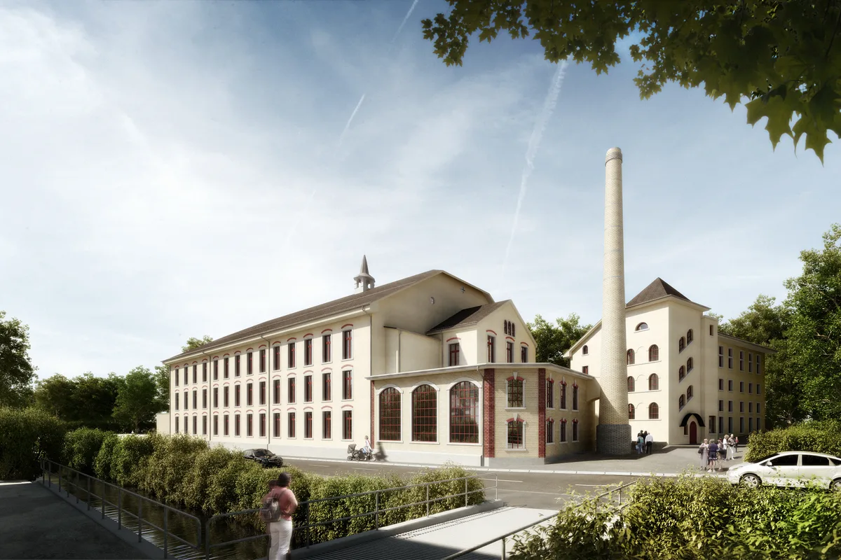 Visualisierung einer sanierten ehemaligen Fabrik.